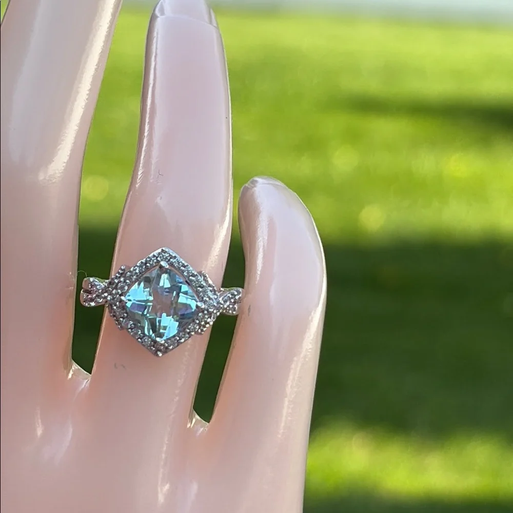 4.11 tcw Blue Topaz & White Topaz Sterling Silver Cocktail Solitaire Ring Sz 7 - Picture 3 of 11